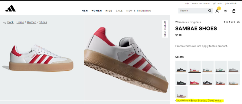 Adidas Sambae Shoes for women displayed on an e-commerce website. The shoe features a white leather upper with red (Better Scarlet) Adidas three stripes and heel detail, along with a gum sole. The product is labeled as a 'Best Seller' and priced at $110. Multiple color options are available, with the selected color being 'Cloud White / Better Scarlet / Cloud White'.