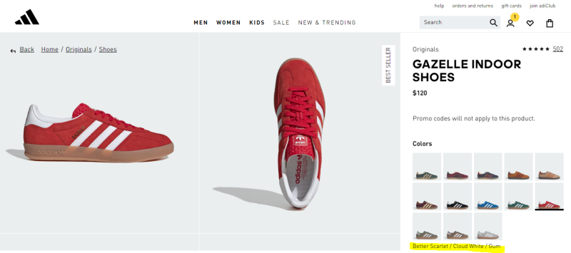 Adidas Gazelle Indoor Shoes in Better Scarlet, Cloud White, and Gum displayed on a retail website. The shoe features a red suede upper, white Adidas three stripes, a white heel tab, and a gum sole. Labeled as a 'Best Seller' and priced at $120, with multiple color options available.